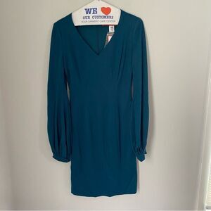 B Michael America Red Women’s V Neck Puffy Long Sleeve Teal Midi Bodycon Dress 4